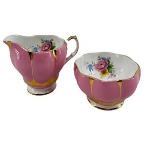 Queen Anne England Bone China Pink‎ Gold Open Creamer Sugar Bowl Set Vintage EUC